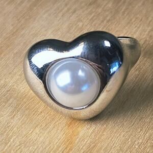 Adjustable | Modern Sculpted Heart Ring with Pearl Center